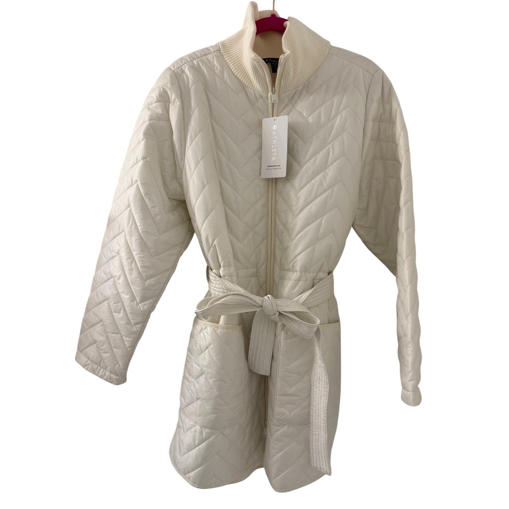 NWT Athleta Mendocino Coat White Quilted Belted Puffer Full Zip Jacket Size XL